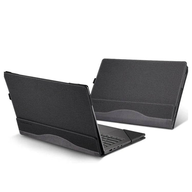 PU Leather Protective Case for 17.3 Inch HP Laptops shown on black laptop with stitching, slim protective sleeve for commuting and daily use
