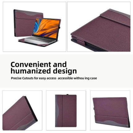 PU Leather Shockproof Protective Case for HP 14-Inch Laptops in purple showing open laptop, corner protection, and precise cutouts