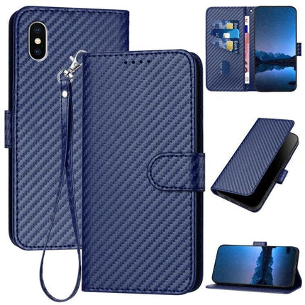 Essential Leather Phone Case With Lanyard For Everyday Carry On The Move Each Day - navy PU leather wallet case with wrist strap, card slots, and stand