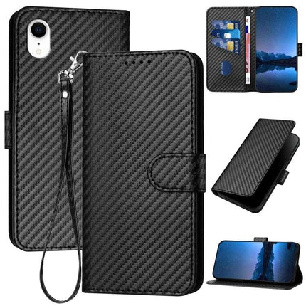 Essential Leather Phone Case With Lanyard For Everyday Carry On The Move Each Day black carbon fiber wallet case with wrist strap, card slots, and stand