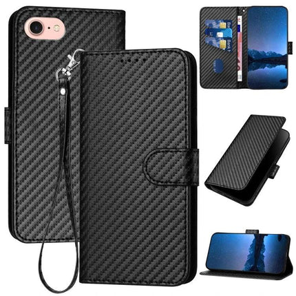 Leather Phone Case With Lanyard For Daily Activities Durable Everyday Use And Safe Travel - black carbon PU leather wallet case with wrist strap, stand and card slots