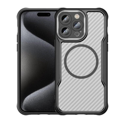 Phone Case For Everyday iPhone Protection, textured gray carbon-look TPU+PC case with raised camera lip and MagSafe ring
