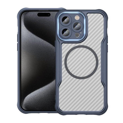 Phone Case For Everyday iPhone Protection - textured gray carbon fiber look case with blue bumper, camera ring and MagSafe circle, TPU+PC durable design