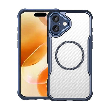 Phone Case For Everyday iPhone Protection with textured white carbon-fiber back, navy bumper, MagSafe ring and raised camera protection