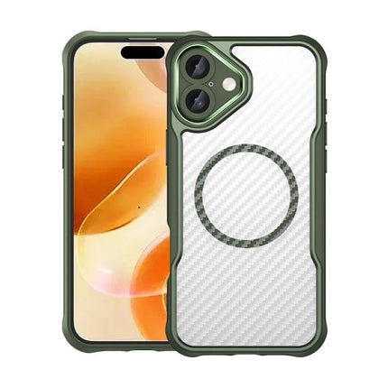 Phone Case For Everyday iPhone Protection - textured white carbon fiber back with green bumper, MagSafe-compatible TPU core and PC shell