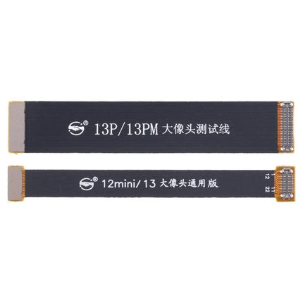 Rear Camera Extension Test Flex Cable for iPhone Repairs showing two black flexible test cables with gold connectors for iPhone 13 and 12 mini diagnostics