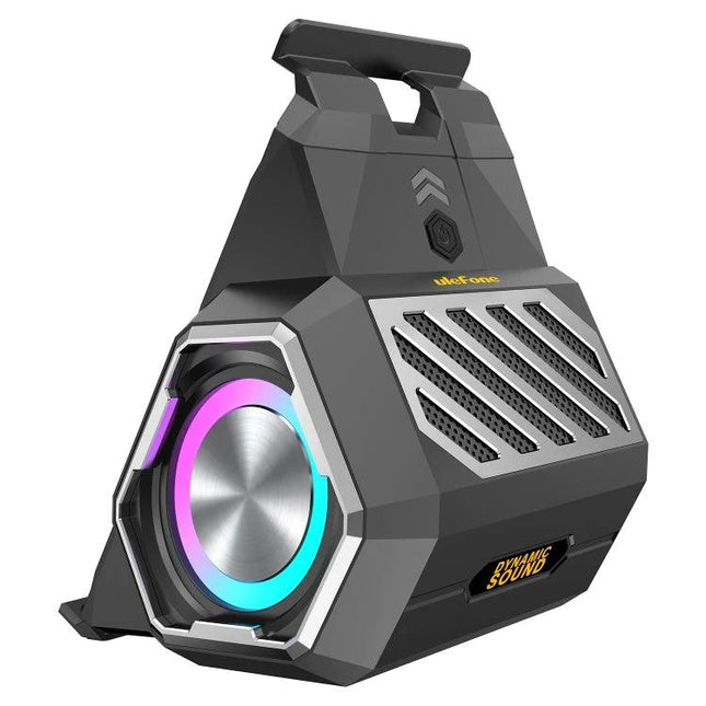 Tablet Speaker Stand With Foldable Holder And LED Accent Light shown with built-in 9W speaker, foldable stand and RGB LED