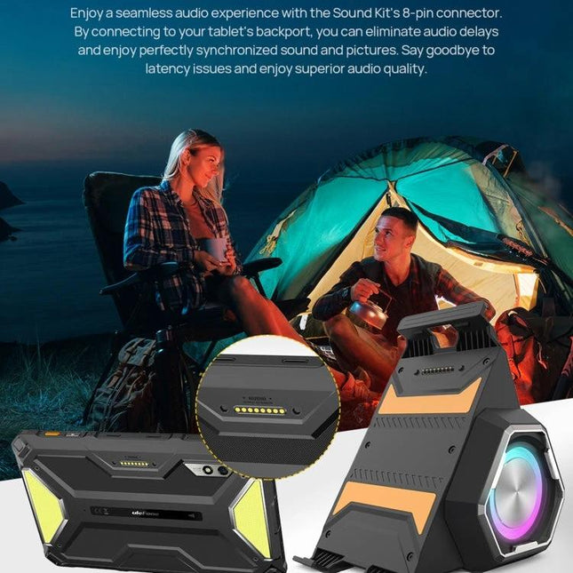 Tablet Speaker Stand With Foldable Holder And LED Accent Light showing 9W speaker, foldable stand, 8-pin connector and camping use