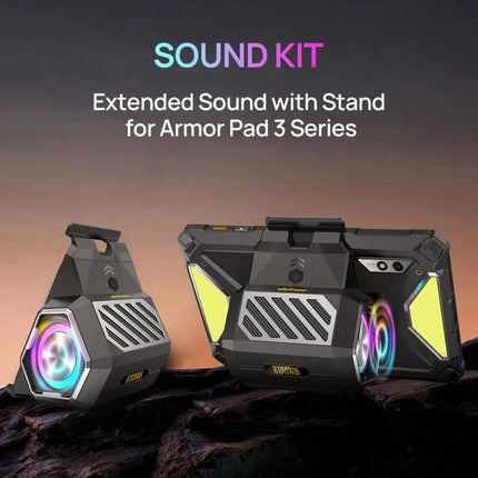 Tablet Speaker Stand With Foldable Holder And LED Accent Light mounted on Armor Pad 3, 9W speaker, foldable stand, LED accent lighting