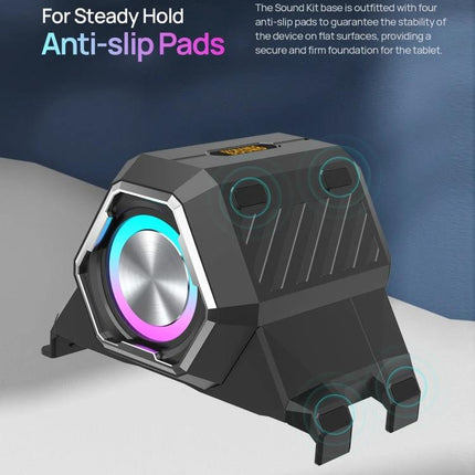 Tablet Speaker Stand With Foldable Holder And LED Accent Light showing anti-slip pads and LED ring on compact 9W speaker