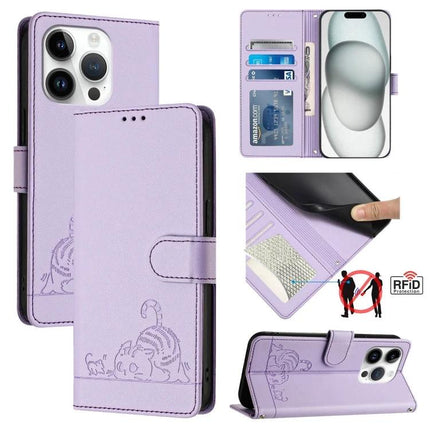 Leather Phone Case With Card Slots For Everyday Use - lavender wallet folio with RFID blocking, card slots, TPU corners and cat embossing