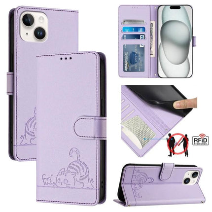 Leather Phone Case With Card Storage For Everyday Use in lavender PU leather wallet case with RFID protection and cat embossing