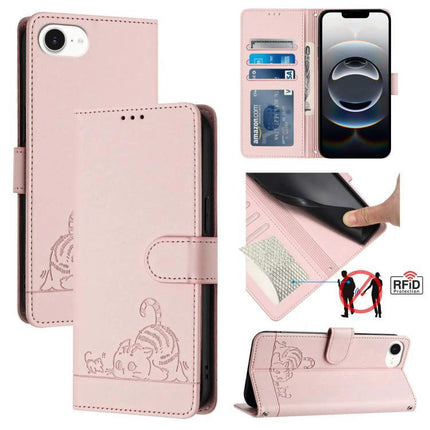 Leather Phone Case With Card Slots For Everyday Use pink folio wallet with RFID blocking, card slots, TPU corners and kitten embossed design
