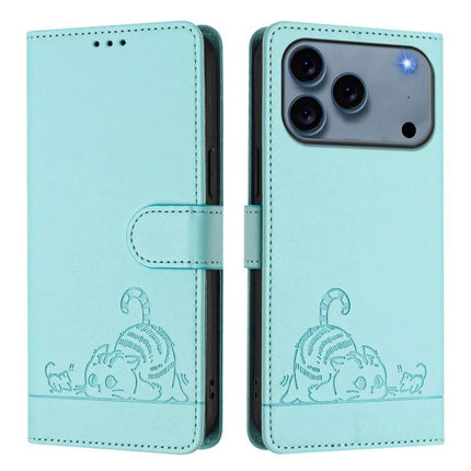 Leather Phone Case With Card Holder For Everyday Protection And Easy Card Access - turquoise PU leather wallet case with card slots and cat print