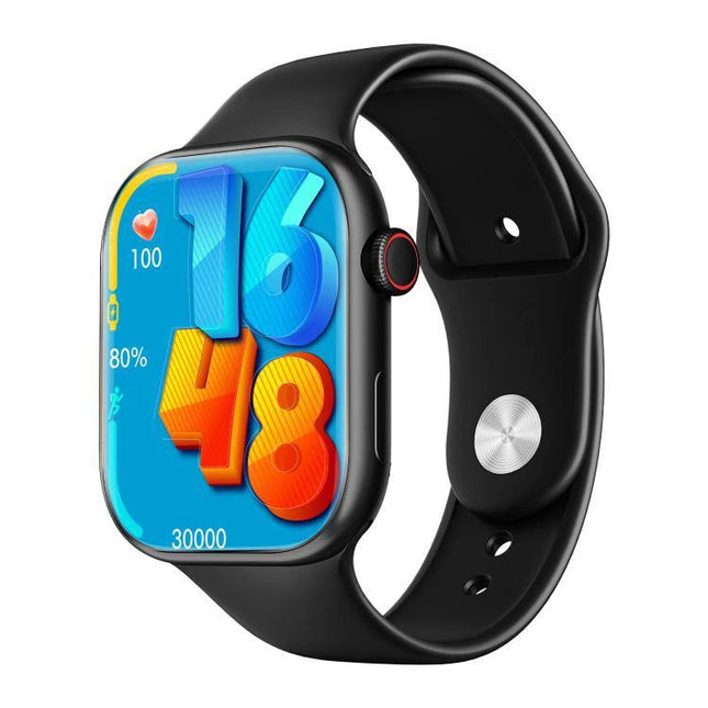 A Practical Smart Watch for Everyday Health and Fitness Tracking black smartwatch showing colorful step, heart rate, and battery icons