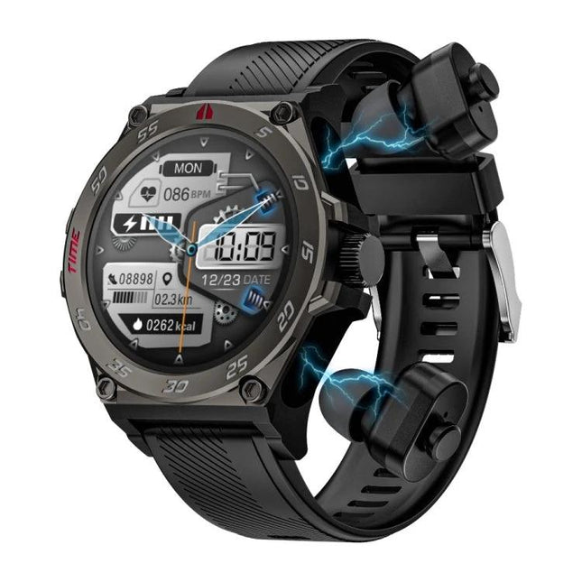 Compact Watch and Earbuds for Daily Health and Activity Tracking - rugged smartwatch with integrated wireless earbuds showing heart rate, steps, and notifications