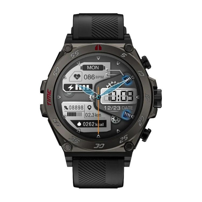 Compact Watch and Earbuds for Daily Health and Activity Tracking - black sporty smartwatch showing heart rate, steps, calories and date display