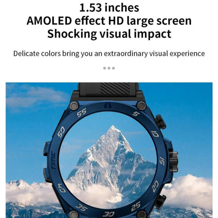 Compact Watch and Earbuds for Daily Health and Activity Tracking showing blue smartwatch face with mountain display