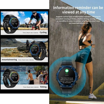 Compact Watch and Earbuds for Daily Health and Activity Tracking showing smartwatch display with heart rate, steps and earbuds during cycling, mountaineering and running