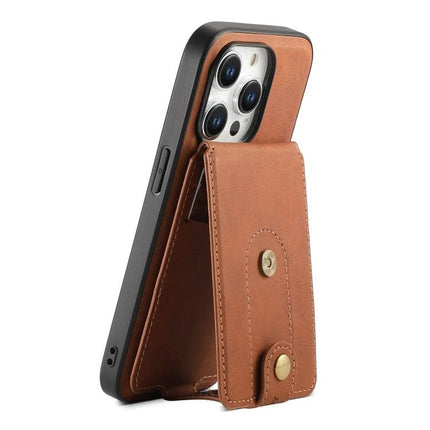 Denior Leather Phone Case With Card Holder For Everyday Use showing brown PU leather case with detachable magnetic card holder and TPU bumper stand