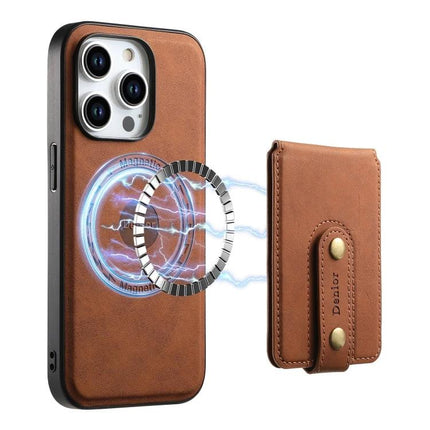 Denior Leather Phone Case With Detachable Card Holder in brown PU leather showing magnetic detachable card holder and slim protective design