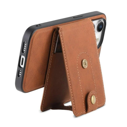 Denior Leather Phone Case With Detachable Card Holder in brown PU leather showing magnetic detachable card holder doubled as kickstand