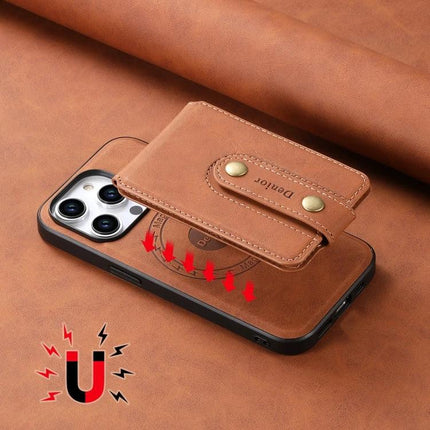 Denior Leather Phone Case With Detachable Card Holder showing brown PU leather case with magnetic detachable card holder and slim protection