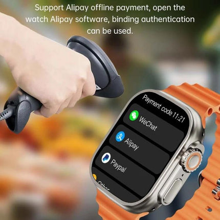 Smart Watch for Everyday Health and Activity Tracking showing mobile payment apps (WeChat, Alipay, PayPal) on screen with orange band