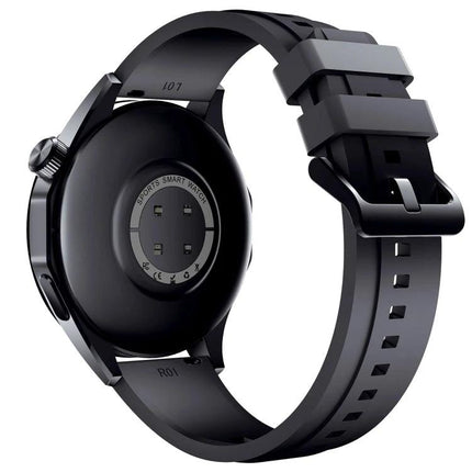 Versatile Smart Watch for Daily Health Monitoring and Activity Tracking - rear view of black fitness smartwatch with heart-rate sensors and silicone strap