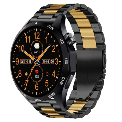 Versatile Smart Watch for Daily Health Monitoring and Activity Tracking - black and gold smartwatch showing heart rate, steps, and weather on round display