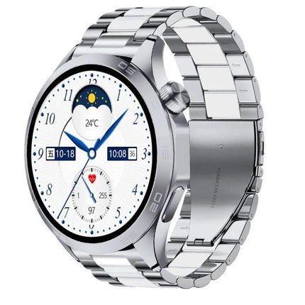 Versatile Smart Watch for Daily Health Monitoring and Activity Tracking - silver metal smartwatch showing heart rate, steps, weather and time display