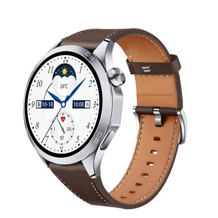 Versatile Smart Watch for Daily Health Monitoring and Activity Tracking - silver case with brown leather band showing heart rate, steps, weather and time display