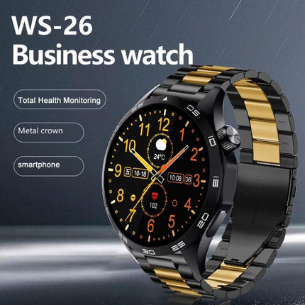 Versatile Smart Watch for Daily Health Monitoring and Activity Tracking - black and gold business smartwatch showing heart rate, steps, and sports modes