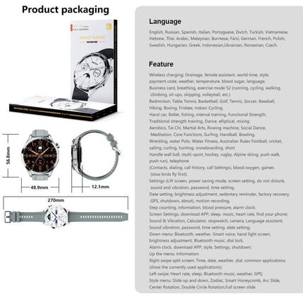 Versatile Smart Watch for Daily Health Monitoring and Activity Tracking - sleek round-faced smartwatch showing packaging, watch face, side view and strap dimensions