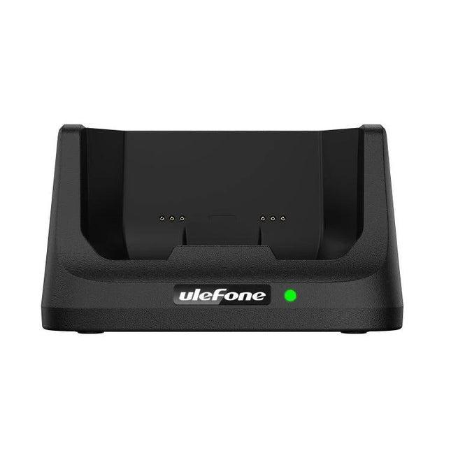 Keep Your Phone Charged on the Desk with Ulefone Cradle black Pogo Pin desk charging dock showing green LED