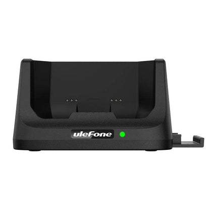 Keep Your Phone Charged on the Desk with Ulefone Cradle front view showing pogo pin connector and LED on black charging dock