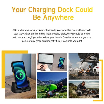 Keep Your Phone Charged on the Desk with Ulefone Cradle showing a Pogo Pin charging dock holding a phone upright on a desk and outdoor scenes
