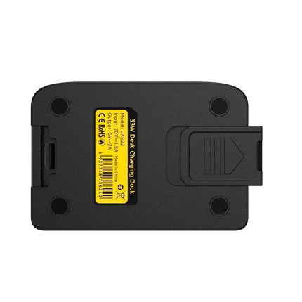 Keep Your Phone Charged on the Desk with Ulefone Cradle black desk charging cradle viewed from bottom showing pogo pin connector