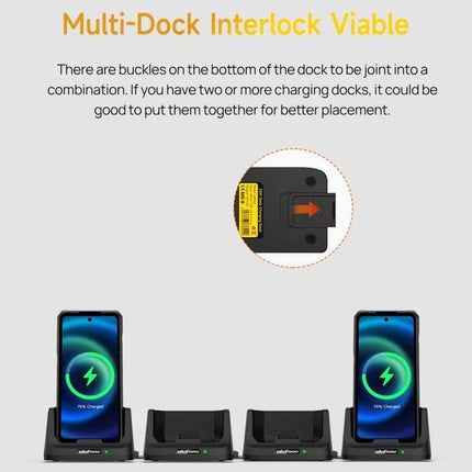Keep Your Phone Charged on the Desk with Ulefone Cradle showing two phones upright on Pogo Pin docks for wire-free charging and multi-dock interlock