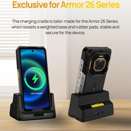 Keep Your Phone Charged on the Desk with Ulefone Cradle showing Armor 26 phone upright in Pogo Pin dock, 75% charged, stable weighted base