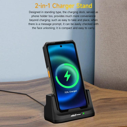 Keep Your Phone Charged on the Desk with Ulefone Cradle - upright phone on Pogo Pin charging dock showing 75% charge
