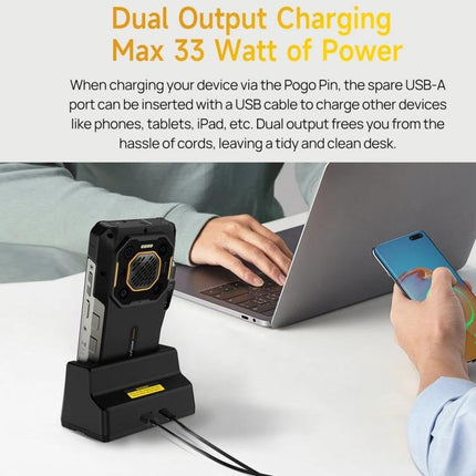 Keep Your Phone Charged on the Desk with Ulefone Cradle showing phone on pogo pin dock beside laptop for easy viewing and charging