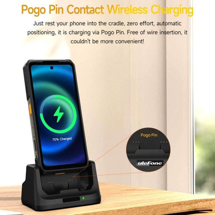 Keep Your Phone Charged on the Desk with Ulefone Cradle showing a phone upright on a Pogo Pin dock for wire-free desk charging