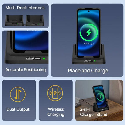 Keep Your Phone Charged on the Desk with Ulefone Cradle showing phone upright on dock with Pogo Pin charging