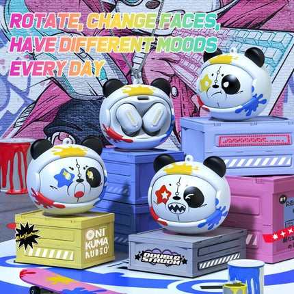 ONIKUMA Wireless Bluetooth Earbuds For Commuting And Calls round panda-themed T20 TWS earbuds displayed on colorful crates