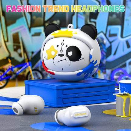 ONIKUMA Wireless Bluetooth Earbuds For Commuting And Calls white earbuds with panda case on blue crate for commuting and calls