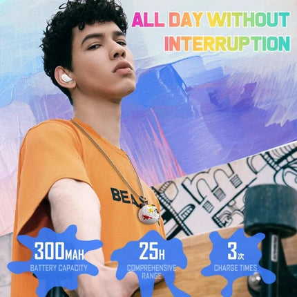 ONIKUMA Wireless Bluetooth Earbuds For Commuting And Calls young commuter wearing ONIKUMA earbuds showcasing 25H range and 300mAh