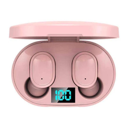E6S Wireless Earbuds With LED Battery Display For Daily Use pink earbuds in charging case showing 100% LED display
