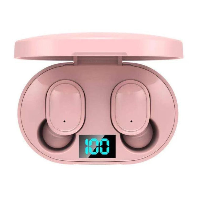 E6S Wireless Earbuds With LED Battery Display For Daily Use pink earbuds in charging case showing 100% LED display