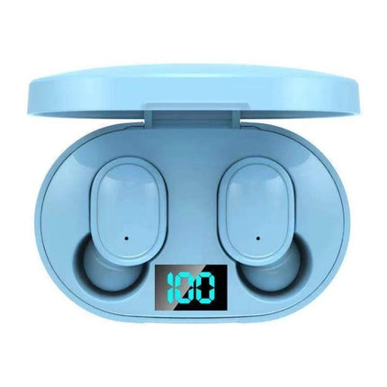 E6S Wireless Earbuds With LED Battery Display For Daily Use compact blue TWS earbuds in charging case with visible 100% LED